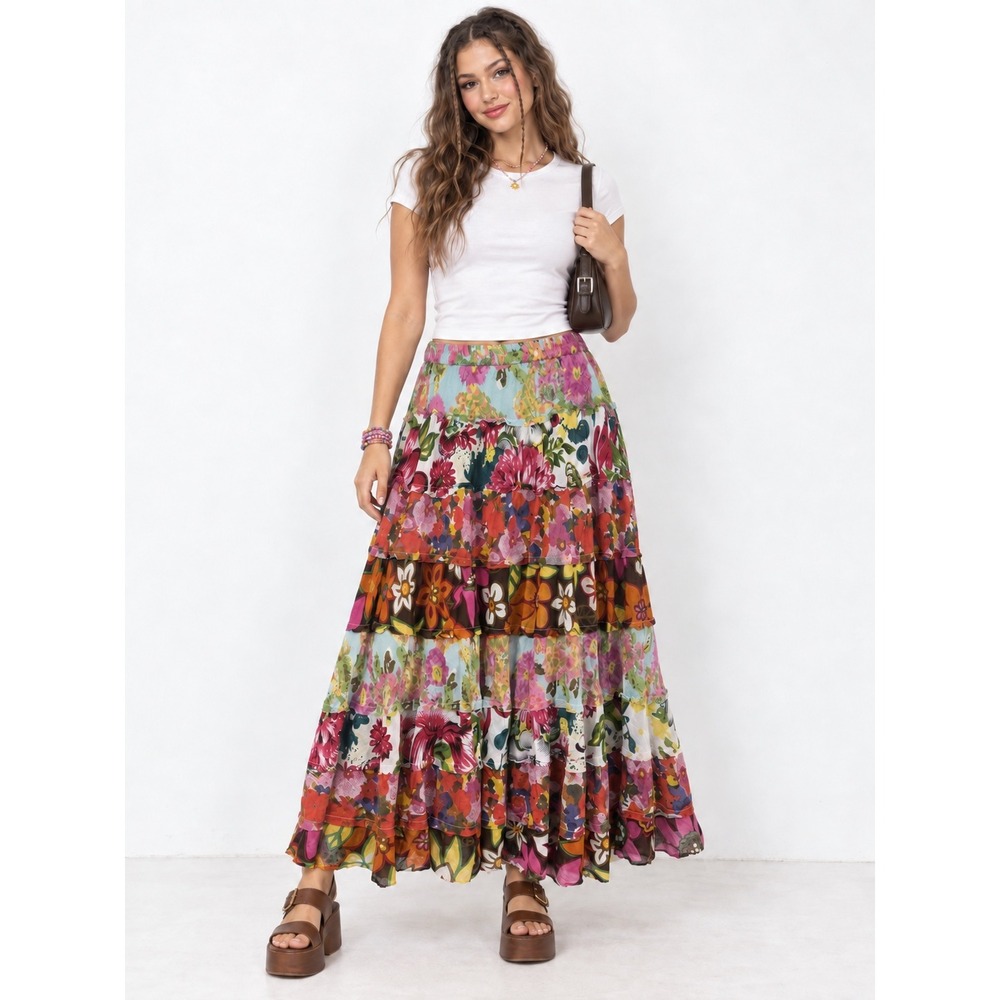 Y2K Maxi Skirt Tiered Large Cotton Floral Patchwork Boho